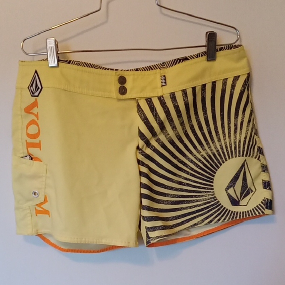 Volcom Women's surf trunks in Yellow with Black Pattern